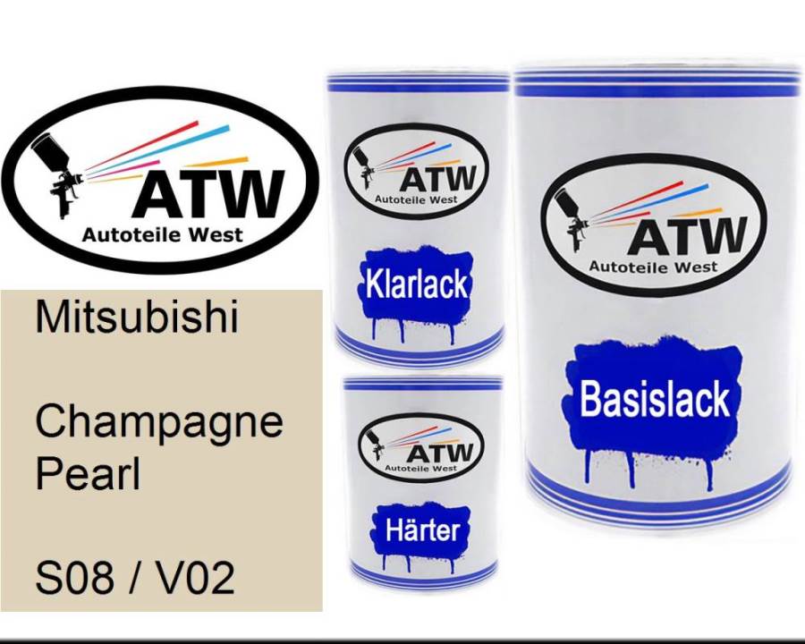 Mitsubishi, Champagne Pearl, S08 / V02: 500ml Lackdose + 500ml Klarlack + 250ml Härter - Set, von ATW Autoteile West.